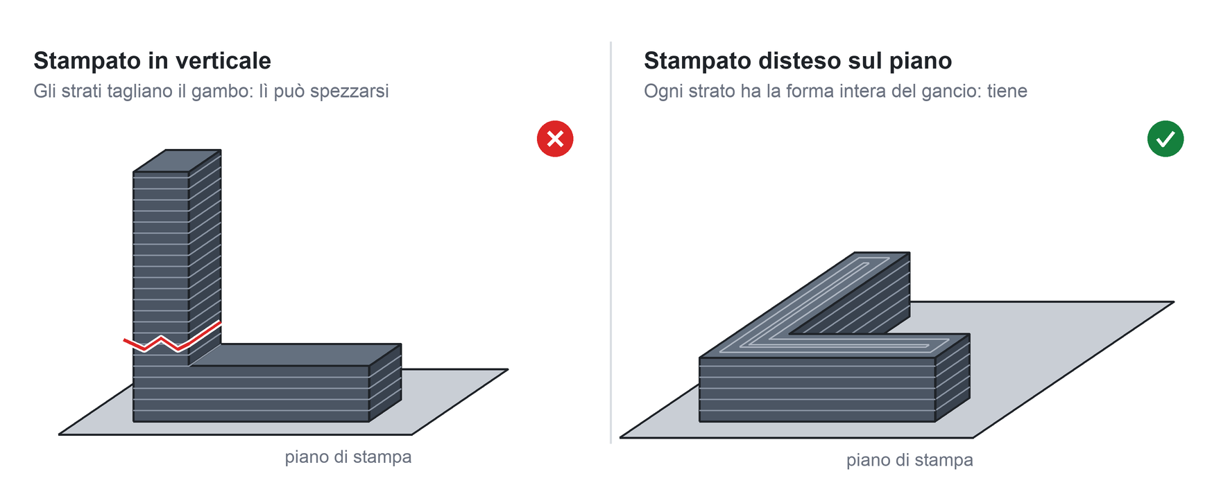 Lo stesso gancio a L sul piano di stampa: in verticale, con una crepa tra gli strati del gambo, e disteso, integro