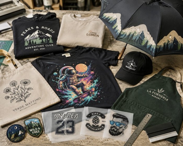 Felpe, t-shirt, cappellino, grembiule e borsa personalizzati, con alcuni transfer pronti