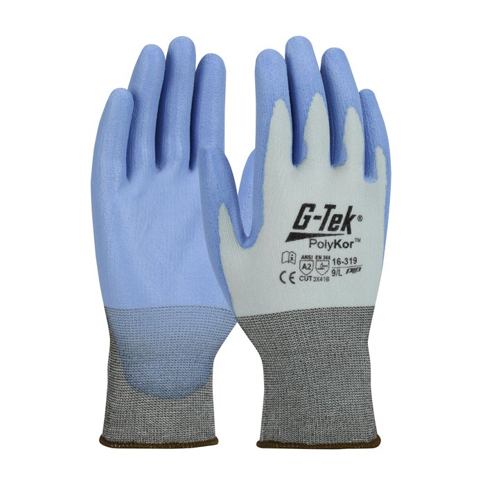 Guanto a maglia grigia con palmo azzurro
