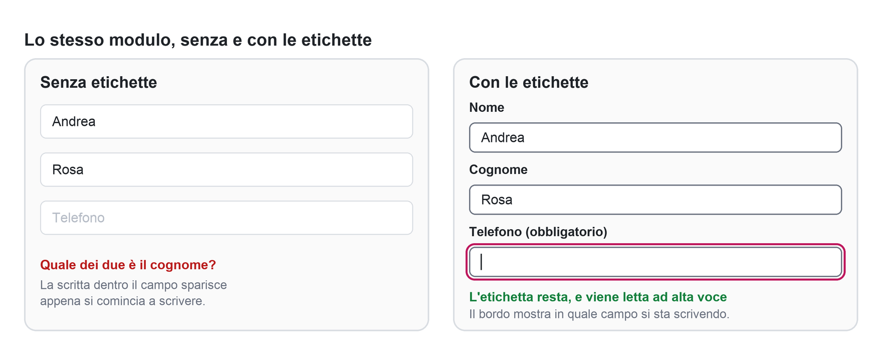 Lo stesso modulo due volte: senza etichette non si capisce quale campo sia il nome e quale il cognome, con le etichette sì
