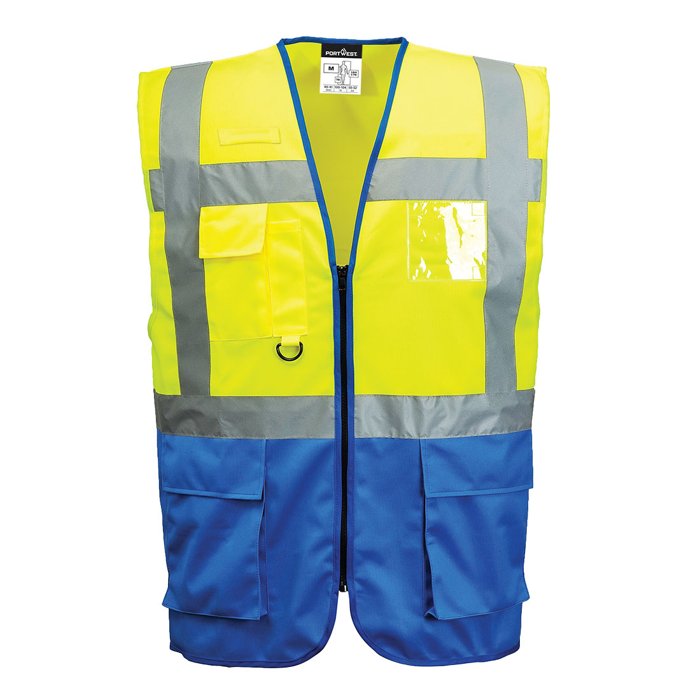 Gilet ad alta visibilità giallo con parte bassa blu, tasche e porta badge