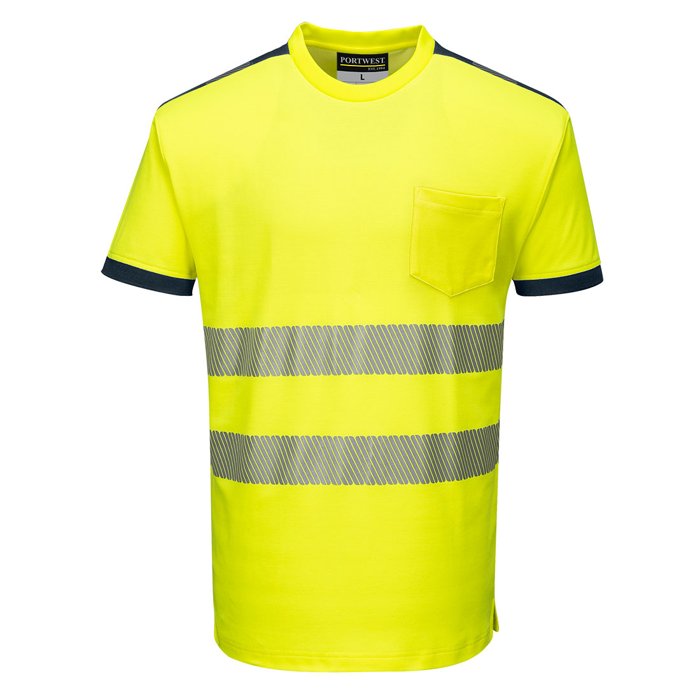 T-shirt ad alta visibilità gialla con due bande orizzontali